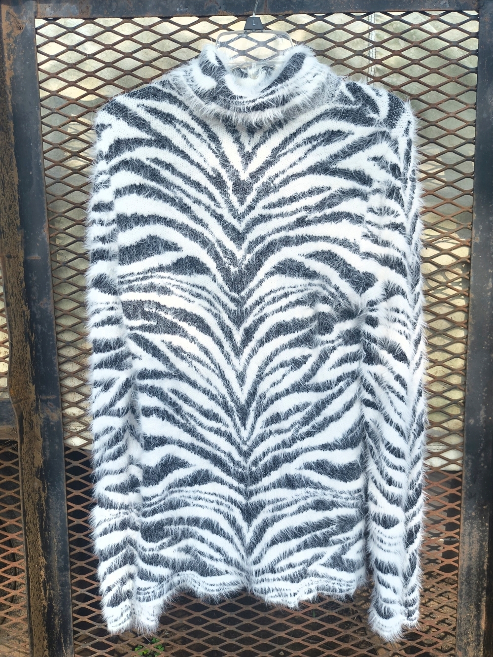 INC International Concepts Black & White Fuzzy Zebra Turtleneck Sweater